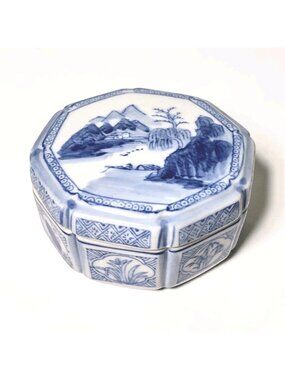 Vintage Blue White Chinoiserie Porcelain Trinket Box Hexagon Landscape Asian